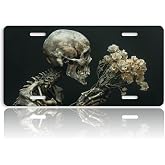Gothic Skull Front License Plate for Women Flower Art Skeleton Car Plates Decorative Aluminum Metal Cute Novelty License Plate Cover for Men 6x12 Inch (4 Holes)
