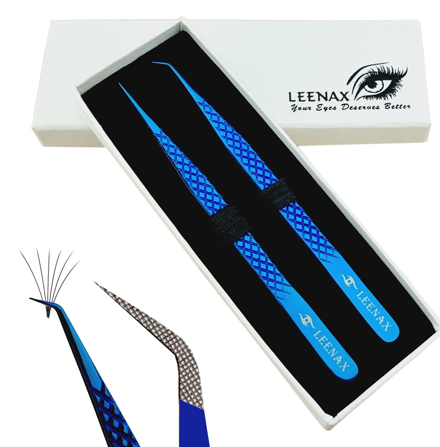 Leenax 2 Pieces Fiber Tip (Anti – Slip) Eyelash Extension Tweezers, Straight and 45-Degree Volume Tweezers, Japanese Stainless Steel (Blue)