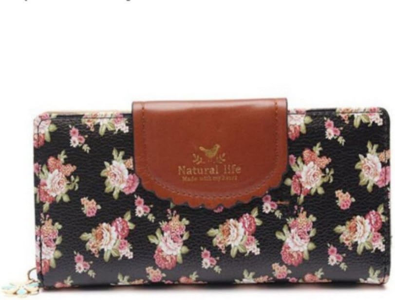 edfamily Floral Women Wallet Leather Long Card Holder Purse Zip Clutch(Black)