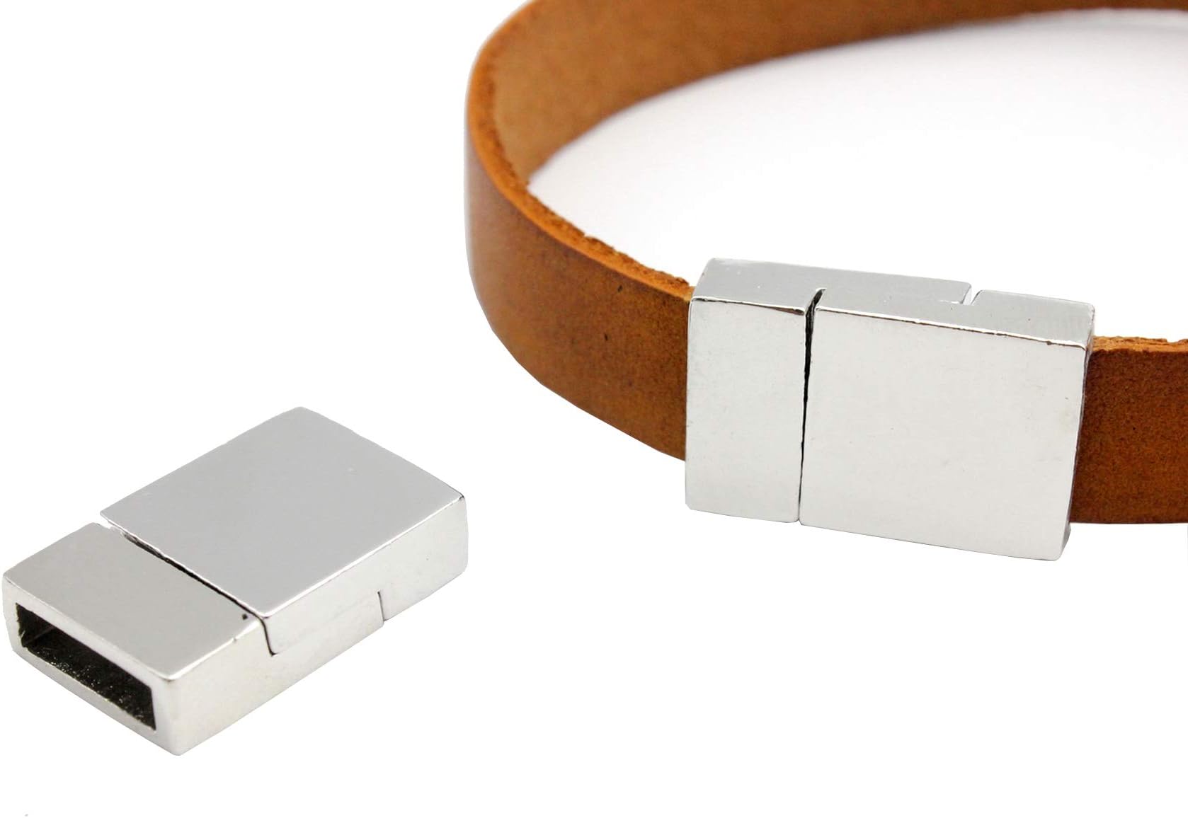 Aaazee Pack 5 Magnetic Clasps and Closure for Bracelet Making Leather Strip Glue Jewelry Supply 10x3mm Hole Silver Flat