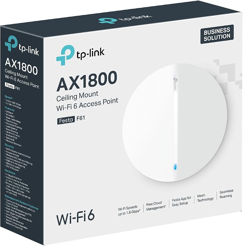 Festa F61 AX1800 Ponto de Acesso WiFi 6 de Dupla Banda, Montagem no Teto, 1× porta PoE Gigabit, Gestão Centralizada Gratuita na Cloud, Configuração e Utilização Fáceis, Sem Necessidade de TI