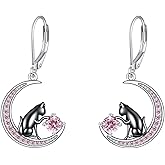 HKPATOP Black Cat Earrings 925 Sterling Silver Birthstone Earrings Cat Jewelry for Women