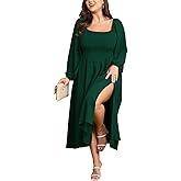 SCOMCHIC Women's Plus Size Fall Dresses Long Sleeve Square Neck Smocked Flowy A-Line Formal Wedding Guest Maxi Dress