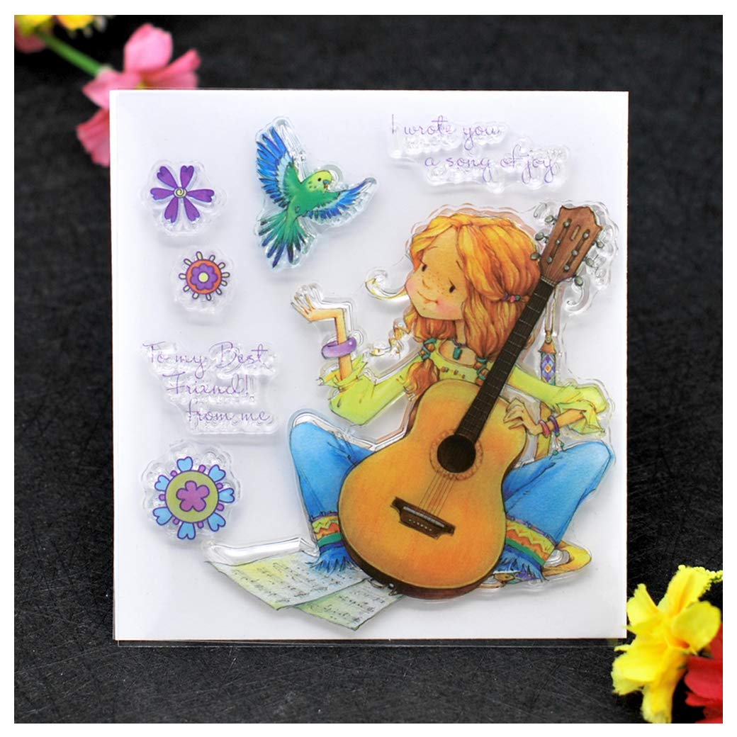 Kwan Crafts Guitar Girl Bird Flowers Best Friend Clear Stamps for Card Making Decoration and DIY Scrapbooking
