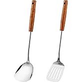 FJNATINH Spatulas and Turner Set - Stainless Steel Wok Tools, Wok Utensil,Stainless Steel Cooking Utensils 14.6-15.2" Kitchen Utensils Cookware (Wood Handle-Spatulas 2PCS)