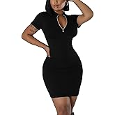 Ribbed Bodycon Dresses for Women Short Sleeve Summer Zip Up Front Casual Mini Tank Dress