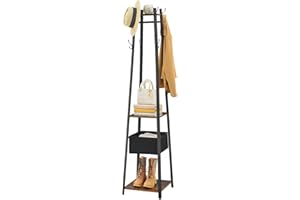 Gewudraw Coat Rack Freestanding, Heavy Duty Coat Hanger Stand With 2 shelf and Basket, Entryway Coat Tree with Hooks for Clothes, Hat, Bag, Rustic Brown and Black