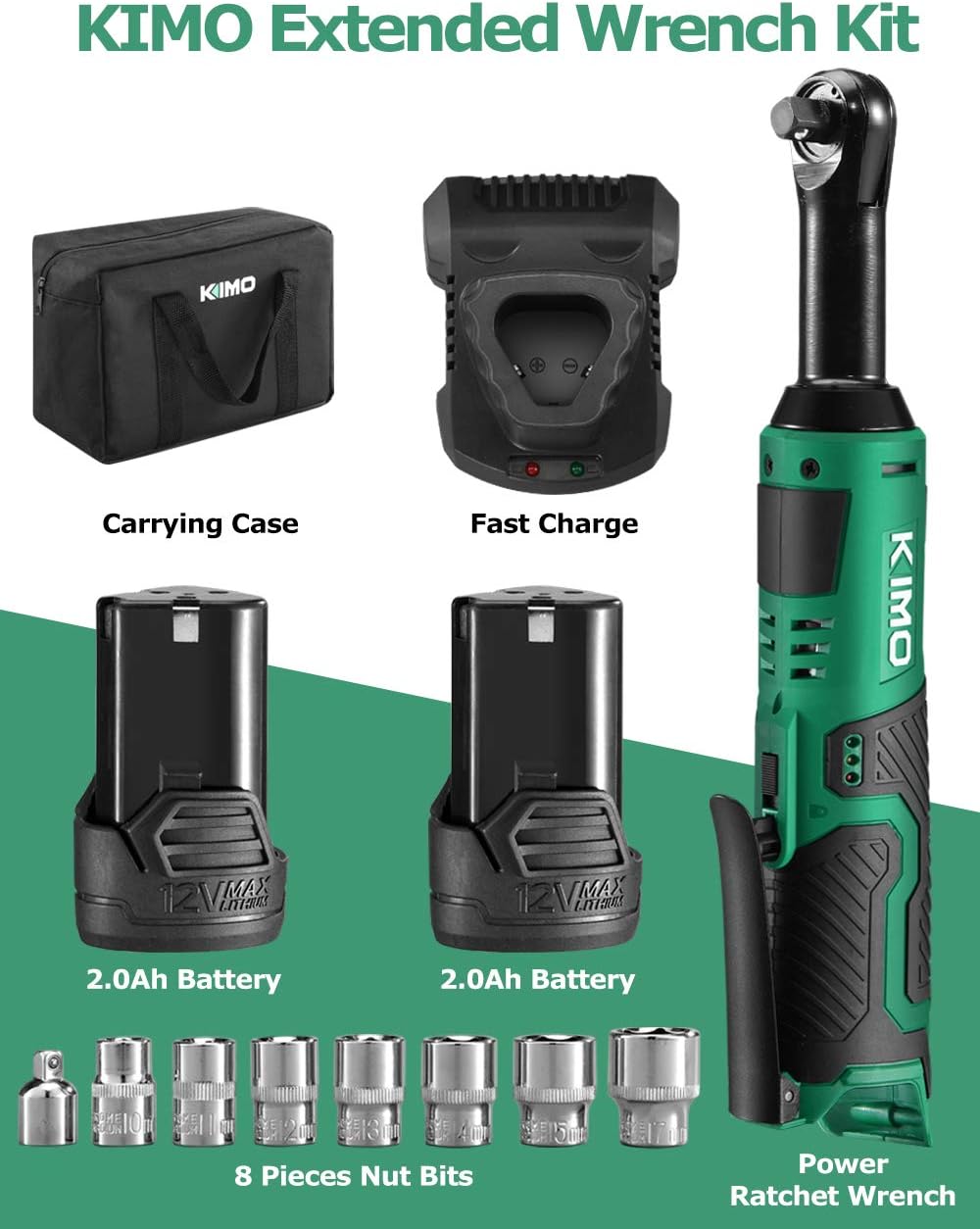Cordless Extended Power Ratchet Wrench, 3/8" 40 Ft-lbs 400 RPM 12V Long Reach Electric Ratchet Wrench Kit w/ 60-Min Fast Charge, Variable Speed Trigger, 2-Pack 2.0Ah Lithium-Ion Batteries, 8 Sockets: Home Improvement