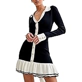 Sheface Women's Long Sleeve Ruffle Hem Knit Sweater Dress Collared Back Tie Knot Cut Out Mini Bodycon Dress