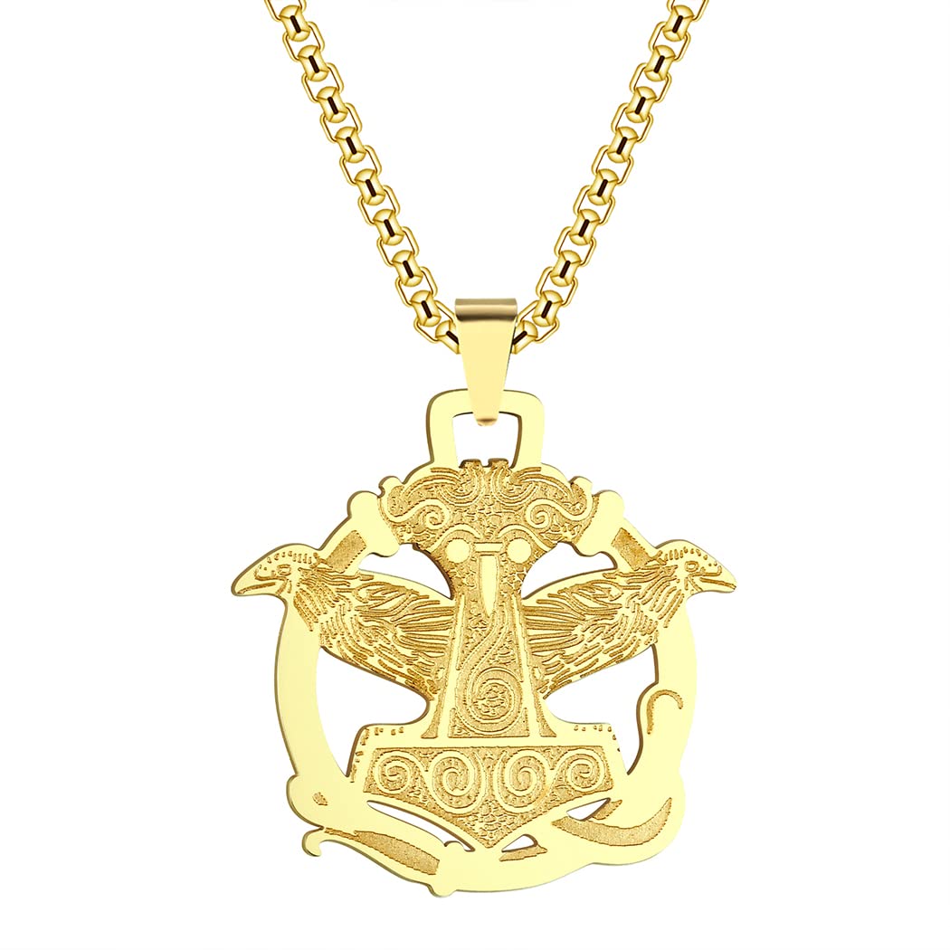 LUTAKU Mens Jewellery Thors Hammer with Raven Necklace for Men Boys Unisex Mjolnir Pendants Pagan Odin Vikings Charm Hip Hop Chains for Men (262G)