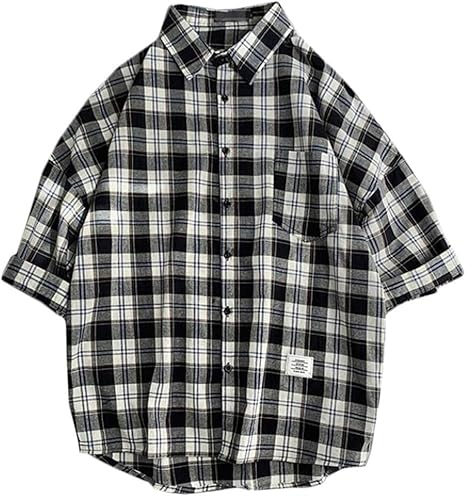 Amazon Yyq Shop チェックシャツ メンズ ゆったり 五分袖 シャツ チェック柄 ネルシャツ カジュアル 夏服 おしゃれ ギンガムチェックシャツ 原宿系 6黒 Tシャツ カットソー 通販