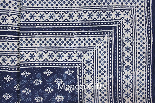 Mango Gifts Indigo Kantha Work Bedspread Queen Size Block Print 100%Cotton Gudari