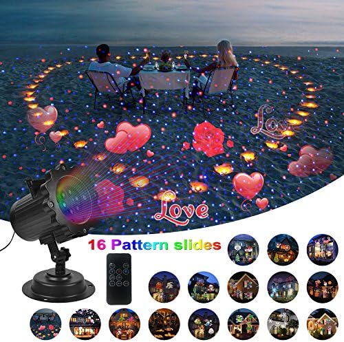 Comkes Valentines Day Decorations Light Projector,16 Slides Bright Led Landscape Lamp Red&amp;Blue Laser,Indoor and Outdoor Holiday Projector Waterproof Decoration light for Chirstmas Birthday Wedding