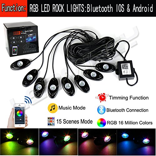 RGB LED Rock Lights Bluetooth APP Control Multicolor Neon LED Lights Kit Underbody Lighting Timing & Flashing & Music Mode for JEEP Off Road Truck Car ATV SUV Yacht Boat (8 Pods-RGB)