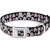 Dog Collar Seatbelt Buckle Skulls Stars Black White Pink 15 to 26 Inches 1.0 Inch Wide