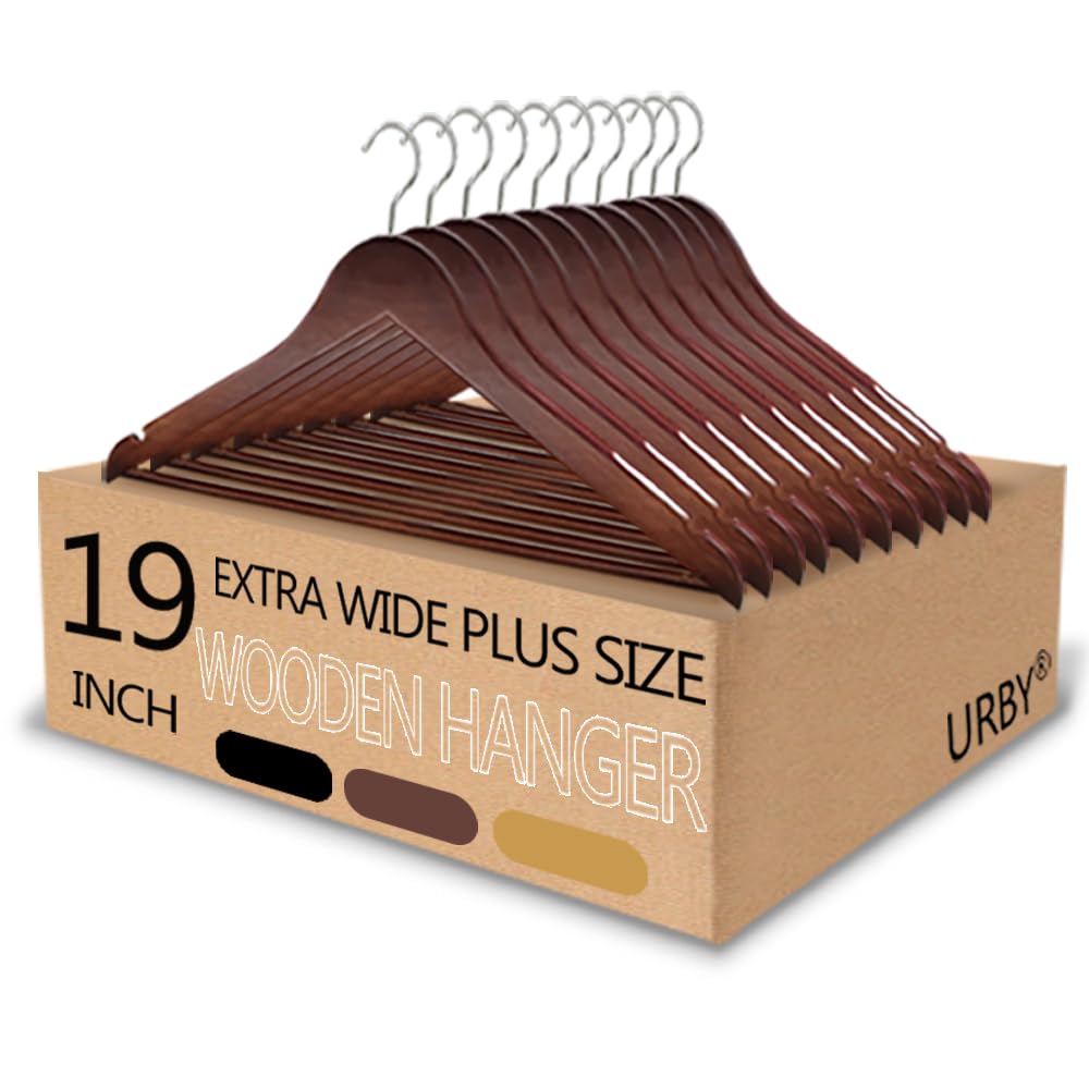 Urby Extra Wide Hangers for Plus Size Clothes, Ganchos para Colgar Ropa,19 Inch Plus Size Hangers Ideal for XL, XXL Shirts, Coats, Dresses, Etc. Wood. Walnut 10pk