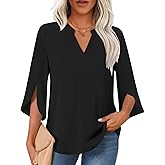Findsweet Women Blouses Dressy Casual 3/4 Sleeve Tops Business Work Chiffon Office V Neck Shirts M-3XL
