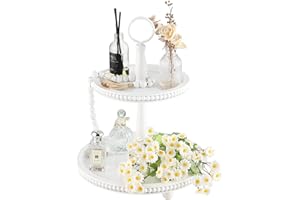 SYNCVIBE Beaded Tiered Tray Stand, Rustic Wooden 2 Tier Decorative Tray with Bead Garland, Farmhouse Round Wood Serving Tray Counter Centerpiece for Coffee Bar Home Decor Holiday Housewarming Gifts (White)