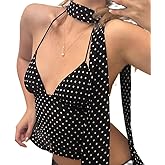 Women Polka Dot Halter Top Sexy V Neck Crop Cami Tops Backless Mesh Going Out Tank Top with Scarf Coquette Camisoles