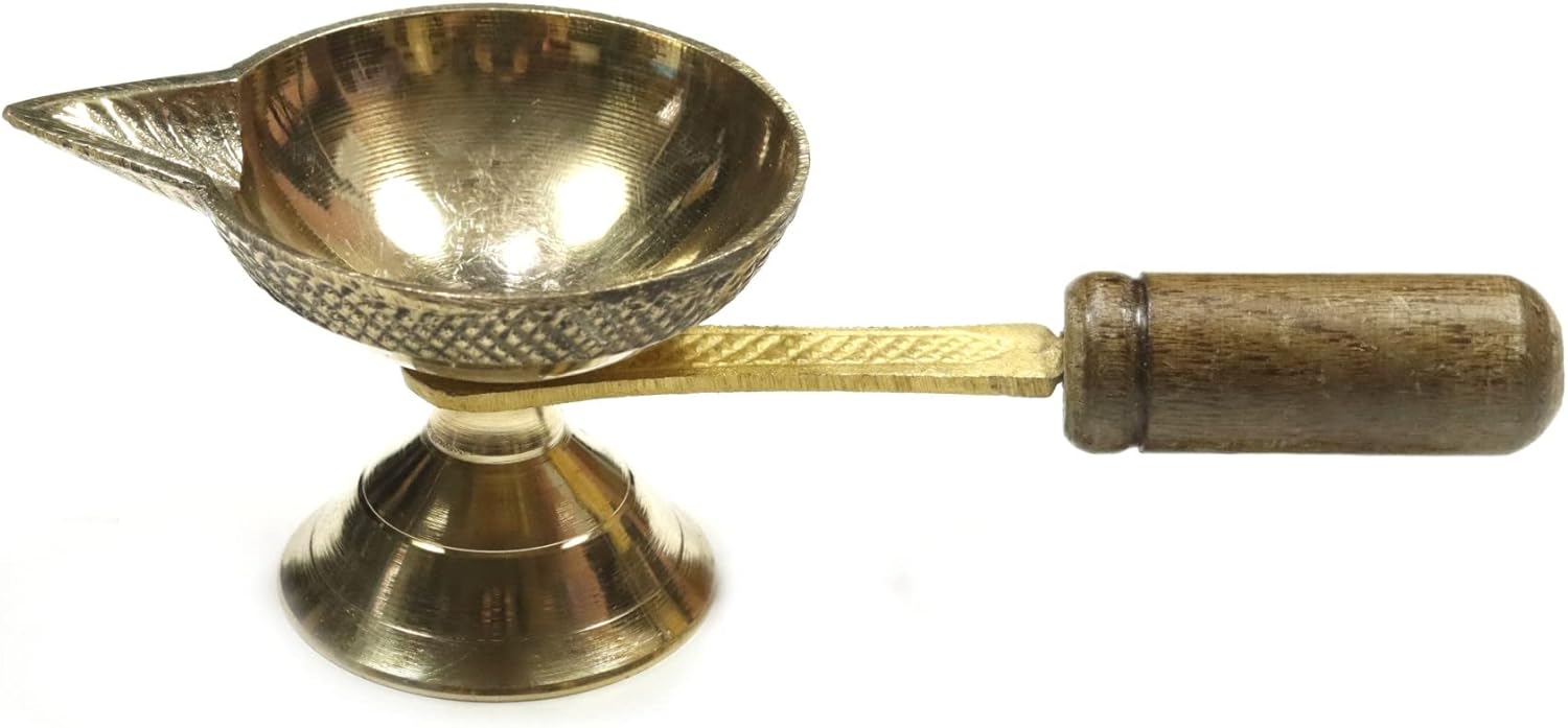 Oil Lamps & Accessories - ASHIRWAD Brass Oil/Ghee Aarti Jyot Diya Lamp with Handle Arti for Puja Heavy Sturdy One (2.51 Inch)