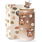 Highland Cows Gifts for Women Highland Cow Lovers Decor Print Stuff Coffee Cup with Cow Straw - Cute Coffee Cups/Tumbler Christmas Birthday Gifts for Women Girls, Glass Cup with Lid and Straw 16oz