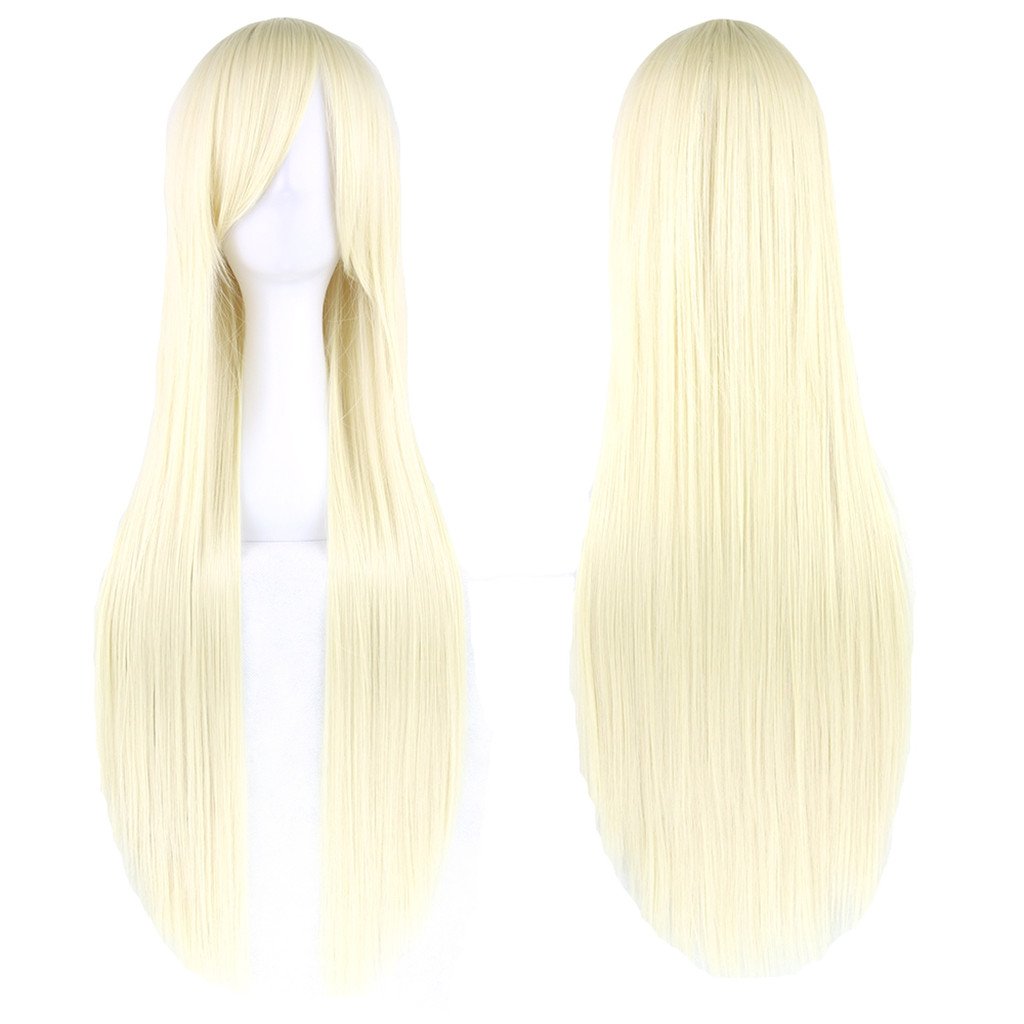 Fouriding 32" Light Gold Women's Long Straight Full Wigs Costume Synthetic Hair Hairpieces with Oblique Bangs for Halloween Anime Cosplay Party Girl Women +Wig Cap