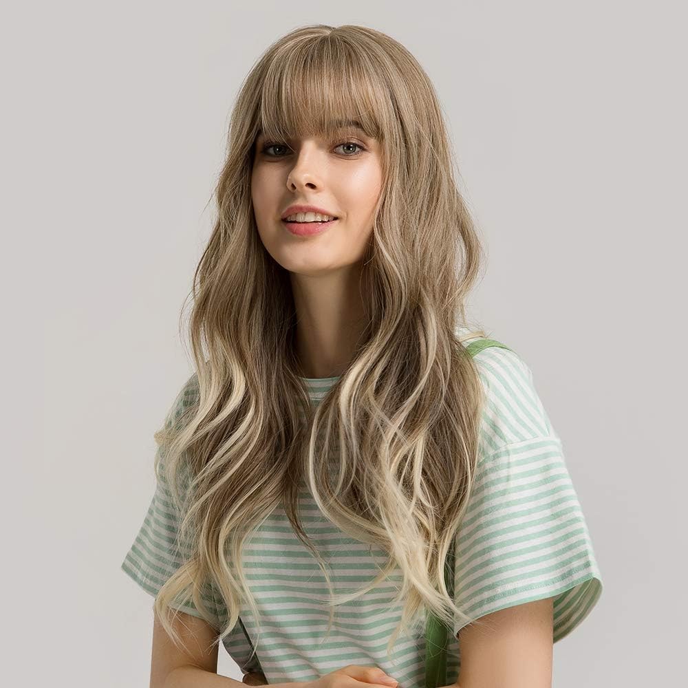 Esmee 24"Women Synthetic Wigs Long Wavy Blond with Fluffy Air Bangs Light, Blonde, 22.5 pulgadas