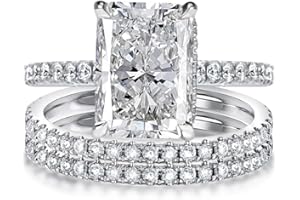 Effinny 4.0ct Radiant Cut Engagement Ring Set,Rectangle Crushed Ice D Color 925 Sterling Silver Bridal Ring Set with Half Eternity Wedding Band