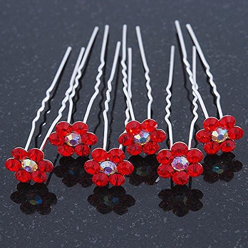 Bridal/Wedding/Prom/Party Set Of 6 Red Austrian Crystal Daisy Flower Hair Pins In Silver Tone, silver, red - Image 3