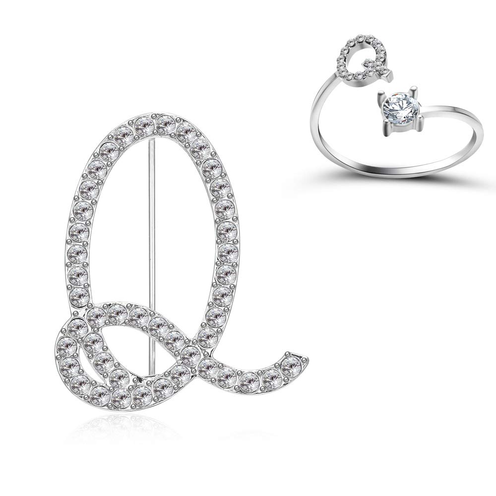 RINHOO Initial Knuckle Rings and Brooch Pin Silver Crystal 26 A-Z Letter Alphabet Adjustable Ring for Women Girl Jewelry, Crystal