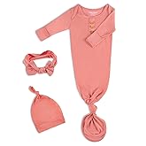 Newborn Baby Knotted Gown Extra Long, Ultra Soft Silky Infant Long Sleeve Sleeper with Tie Bottom, Baby Girl and Boy Sleep Gown with Mittens, Bow, and Hat Set Light Coral[Light Coral,Newborn]