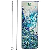 Peacocks and flowers 20 oz Tumbler Stainless Steel Vacuum Insulation Travel Mug Proof Lid Water Coffee Cup Straw and Brush Included for Home Office School - Works Great for Ice Drink Hot Beverage