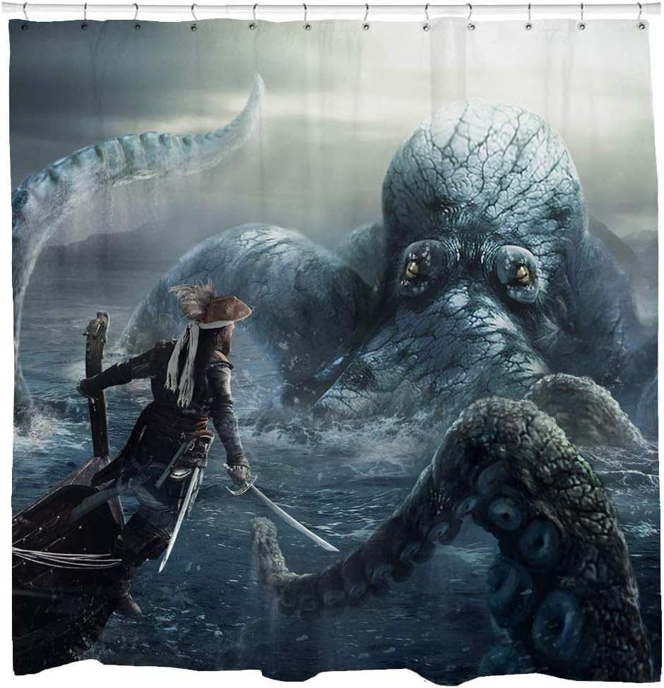 Amazon Com Sharp Shirter Cool Pirate Shower Curtain Set Awesome Octopus Bathroom Decor Kraken Ocean Ship Theme 71x74 Hooks Included Home Kitchen