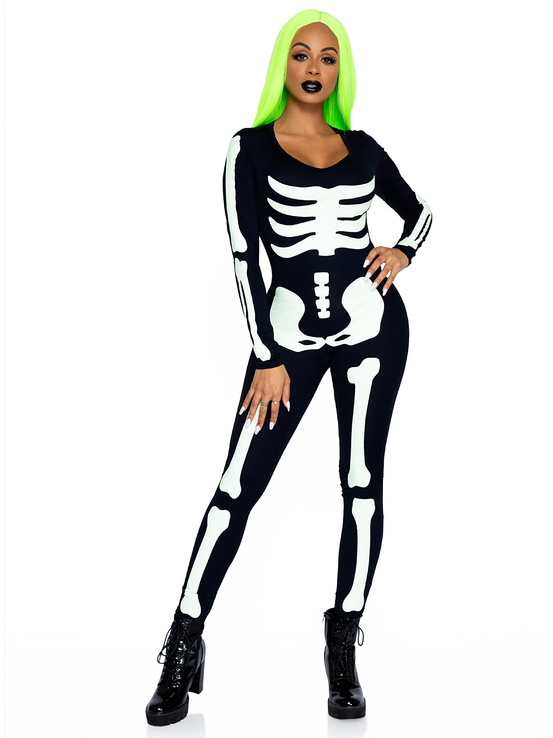 Leg Avenue Women's Glow in The Dark Skeleton Halloween dress, Black/White, X-Large Image