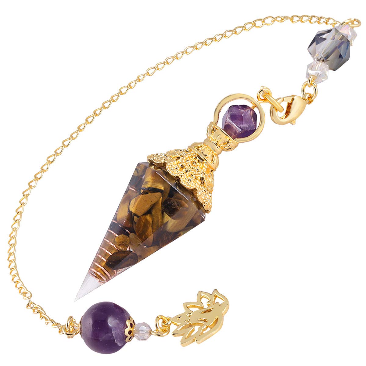 Nupuyai Tiger's Eye Healing Crystal Point Dowsing Pendulum for Divination Scrying, Resin Chip Stone Faceted Hexagonal Pendulum with Chain