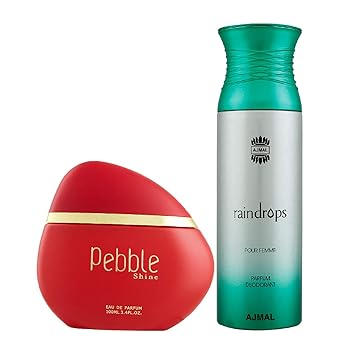 Maryaj Pebble Shine Eau De Parfum Floral Fruity Perfume 100ml for Women and Ajmal Raindrops Femme Deodorant Floral Chypre Fragrance 200ml for Women + 2 Parfum Testers FREE