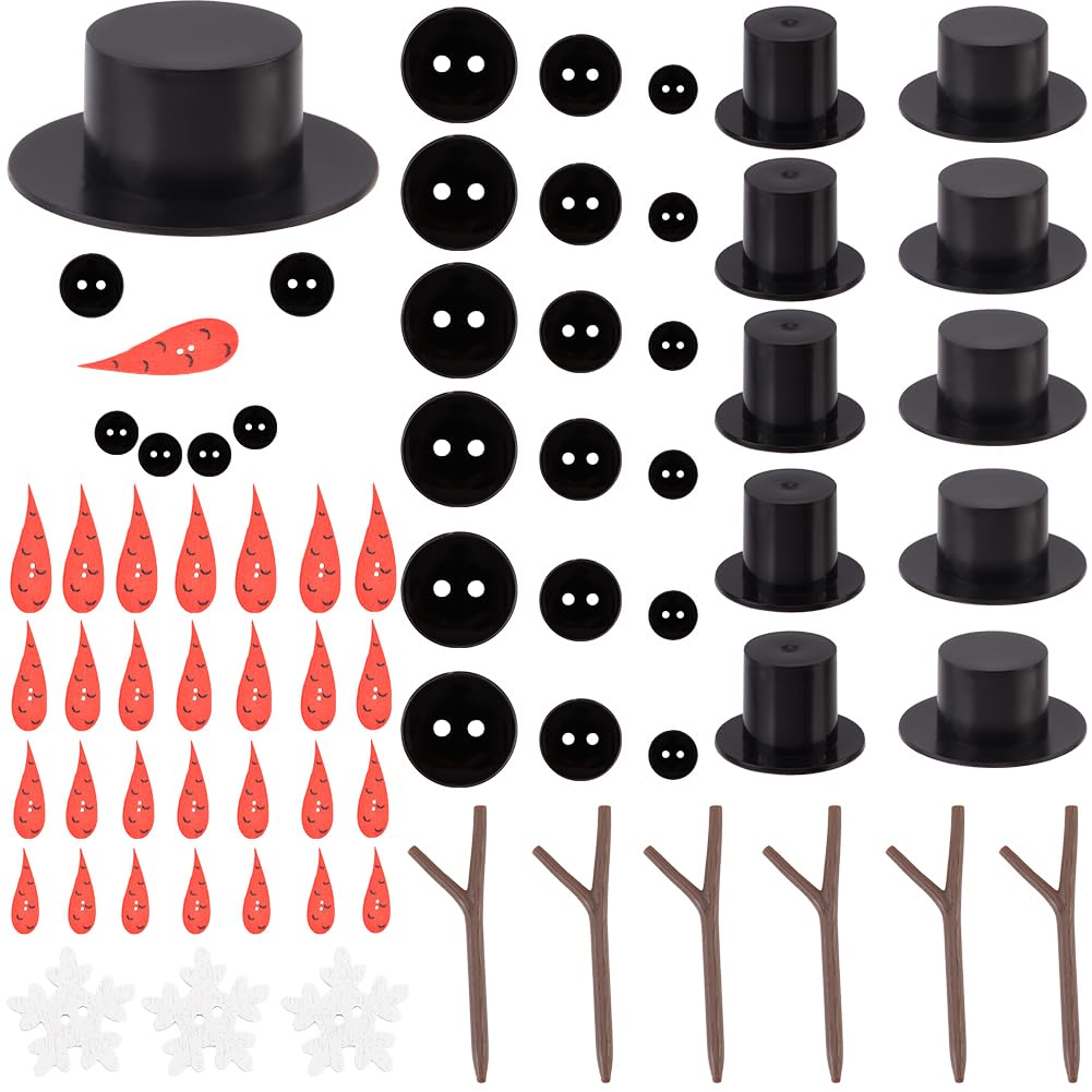 GORGECRAFT 510PCS Christmas Snowman DIY Craft Kit Mini Wood Carrot Noses Plastic Black Top Hats Tiny Snowflake Buttons Antler Hands Build for Winter Xmas DIY Crafting Sewing Party Holiday Supplies