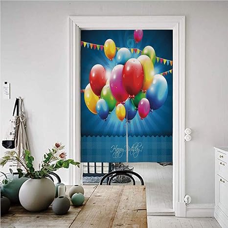 Amazon 誕生日の装飾 のれん おしゃれ 目隠し 幅85cm 丈150cm 鮮やかな色の現実的な風船と青い背景 暖簾 ロング 目隠し 部屋間仕切り リビング カーテン 多色のパーティーフラグ のれん オンライン通販