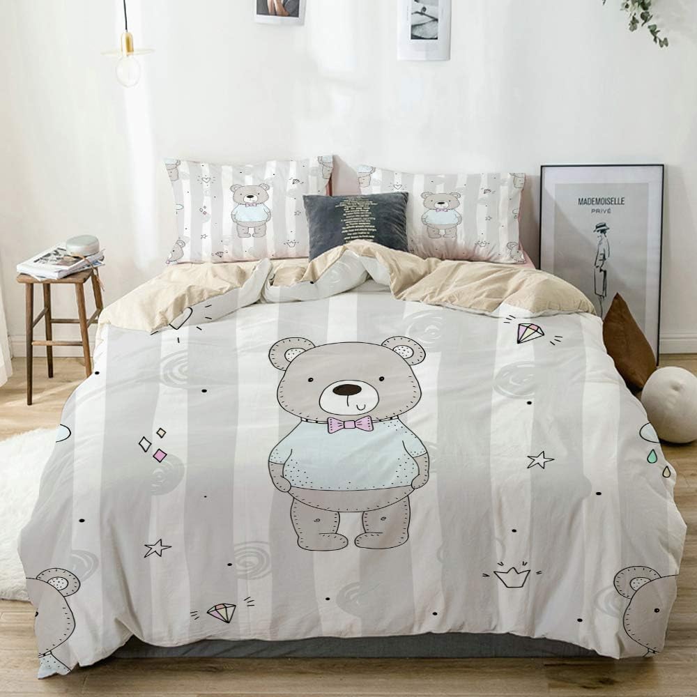 YOLIKA Duvet Cover Set Cute funny bear Beige Decorative 3 Piece Bedding Set with 2 Pillow Shams King Size