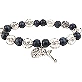 Needzo Miraculous Medal Rosary Bracelet, Blue Wooden Beads with Metal Crucifix, Catholic Jewelry Gift, 7.5 Inches