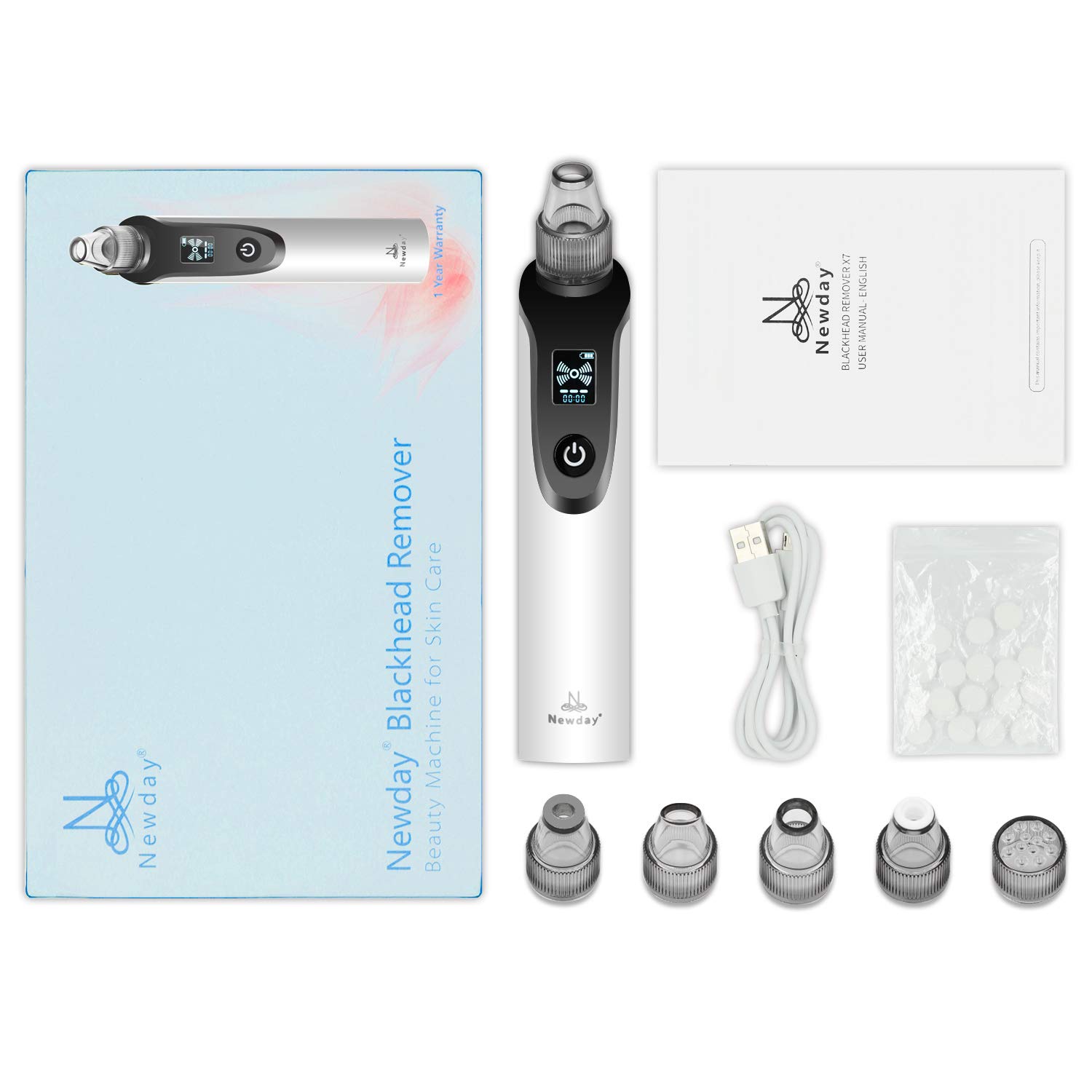 Porenreiniger Sauger, Newday X7 Mitesserentferner, Mitesser Sauger Porenreiniger Blackhead Remover, Mitesser Entferner mit 5 Reinigungsaufsätzen, Für eine schöne und gepflegte Haut, USB-Aufladung, Weiß