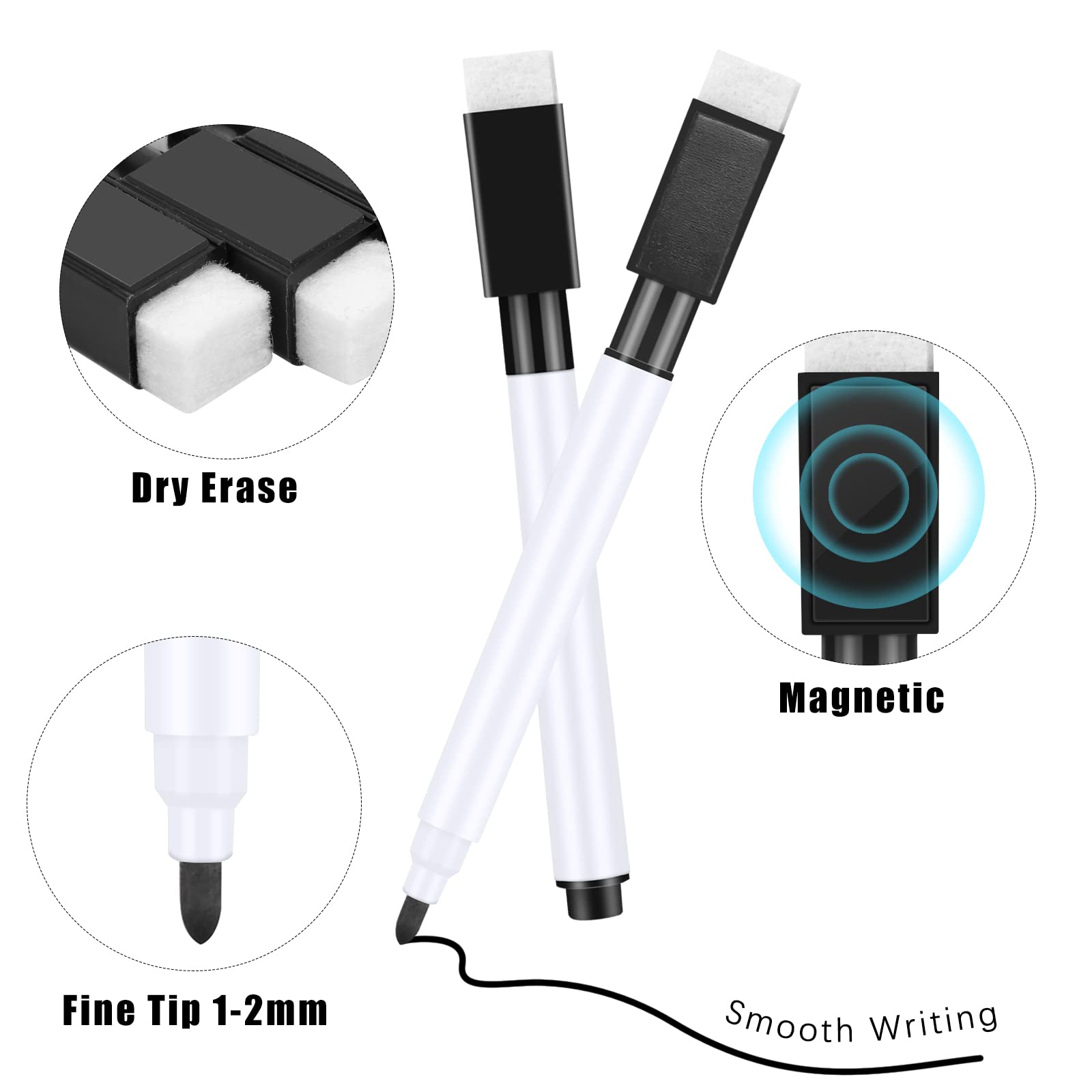 Meetory 20 Stück Whiteboard Marker Magnetisch, 3 in 1 Folienstift Abwischbar Trocken Abwischbar Stift Folienstift mit Radierer, Stift Schwarz für Schule Zuhause Erwachsene Männer Frauen (11.3 * 1cm) 3