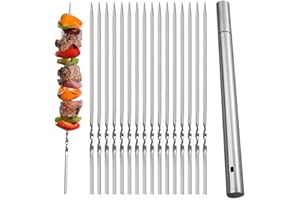 40Pcs Flat Metal Grilling Skewers, 304 Stainless Steel BBQ Skewers with Storage Tube, Reusable Barbecue Stick for Outdoor Cam