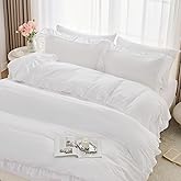 Horbaunal 5 Pcs White Ruffle Duvet Cover King Size Soft Microfiber Shabby Chic Ruffled Duvet Cover Set, Vintage French Country Ruffle Bedding Set with Zipper Closure & Corner Ties, 90" x 104"