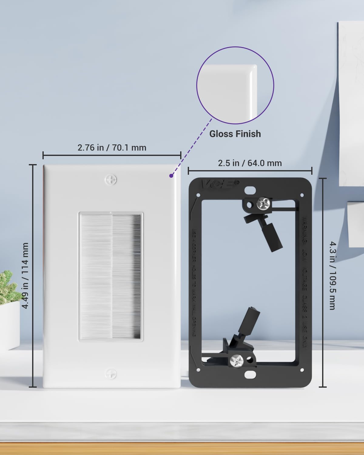 VCE Brush Wall Plate with Mounting Bracket 3-Pack, Cable Pass Through Insert Single Gang Wall Cover for Low Voltage Cables, Cord Hider for Wall Mount TV, Home Theater System, White