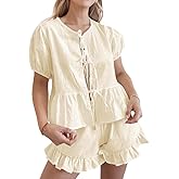 Sotimoon Womens Ruffle Short Sets 2 Piece Outfits Fashion Summer Short Sleeve Tie Front Top and Shorts Cotton Pajama Set