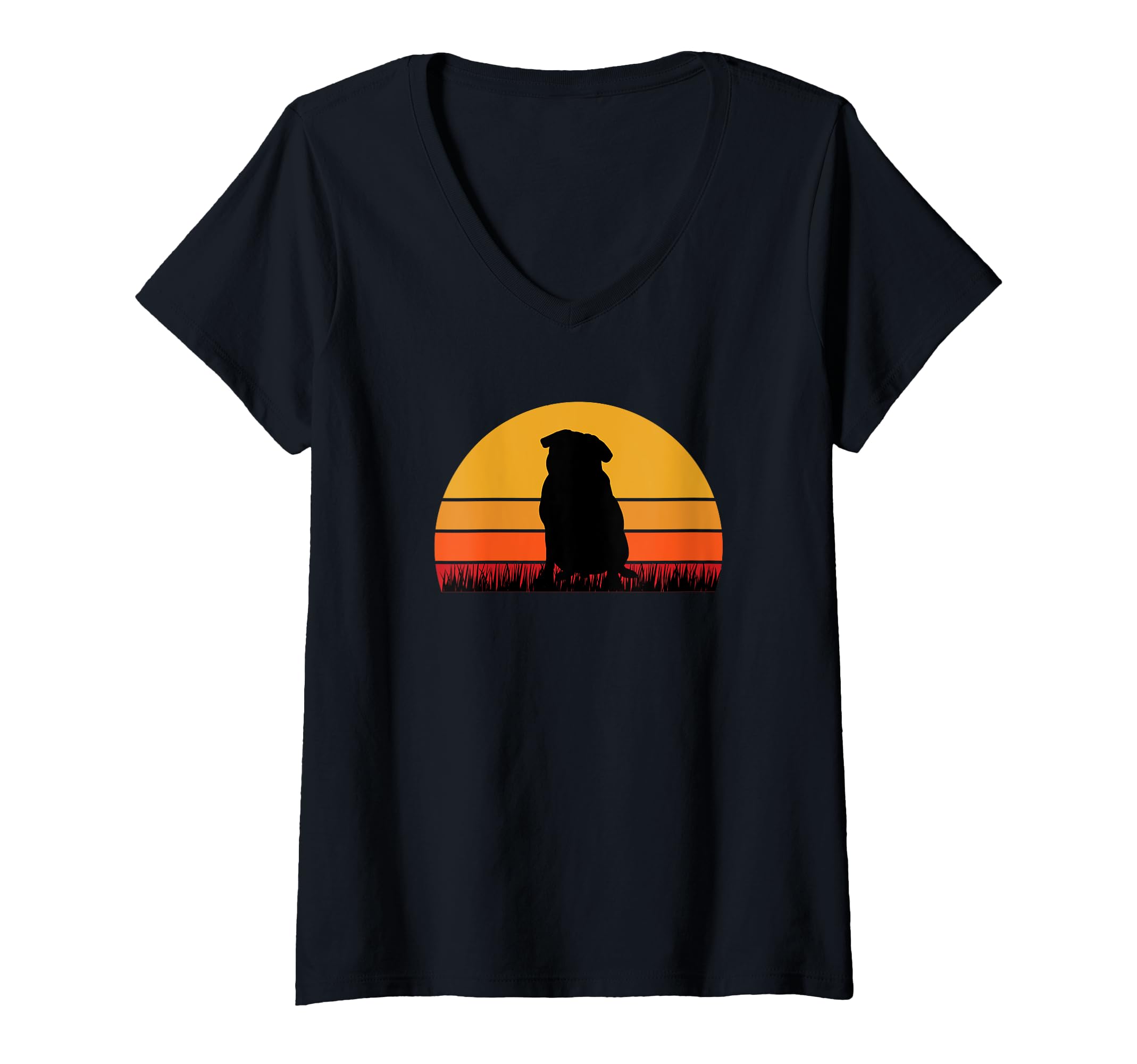 Womens Pug Dog Doggie Pup Puppy Sunset Orange Black Retro Cute V-Neck T-Shirt