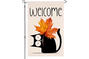 BLKWHT Fall Cat Garden Flag 12x18 Vertical Double Sided Welcome Maple Leaf Autumn Thanksgiving Holiday Outside Decorations Burlap Yard Flag BW689