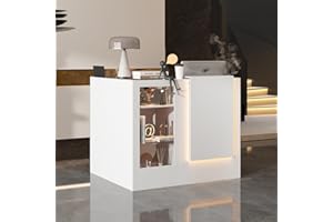 ROMSHINE Reception Desk with Counter, L-Shape Front Desk with LED Light & Glass Shelves, Reception Room Table with Cable Grommet, Retail Counter Salon Reception for Checkout, White