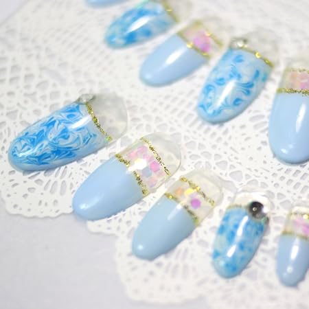 Amazon Haluhina 11種 から選べる ジェル ネイルチップ Wトップコートの 艶長 付け爪 ブルーマーブルフレンチ Bmf Haluhina ネイルチップ 通販